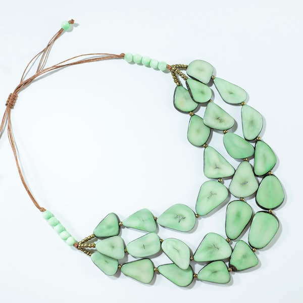 Light Green Tagua Necklace with Earrings - Triple Layer (ECUADORIAN HANDMADE)