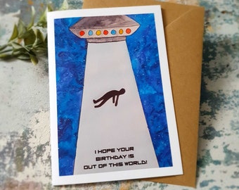 UFO birthday card, out of this world, outer space watercolour, alien abduction, spaceship birthday card