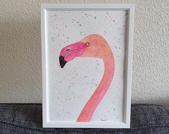 Pink flamingo watercolour painting, original bird art, flamingo decor gift