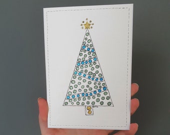 Blue handpainted Christmas tree card, gold star, inked and watercolour, handmade xmas, Christmas in July