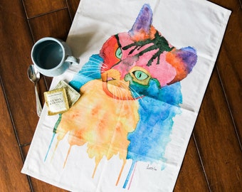 Colourful Cat Cotton Tea Towel, Watercolour Hand Towel, Kitchen Dish Towel, New Cat Gift