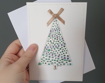 Handpainted Christmas tree card, blue and purple watercolour, handmade xmas art, one of a kind