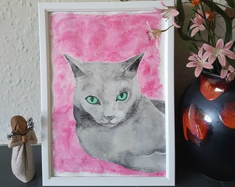 Grey cat watercolour painting, original wall decoration, crazy cat lady, home artwork