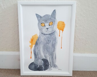 British Blue Shorthair watercolour painting, grey cat original wall art