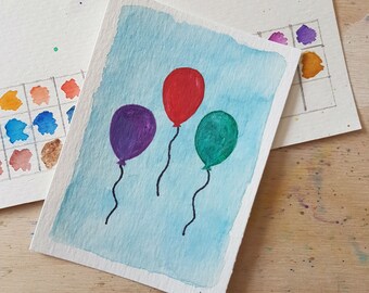 Three balloons ACEO, red, green, purple, watercolour art, collectable ATC, artist trading card, miniature artwork