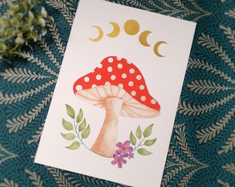 Mushroom art print, botanical watercolour, moon phase, toadstool decor