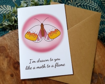 Moth to a flame card, happy anniversary love, Valentine's Day, wildlife digital art, mother nature