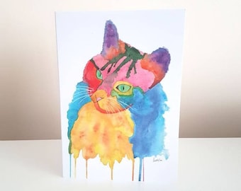 Colourful cat greeting card, stationery for pussycat owner, watercolour blank card, friend birthday card