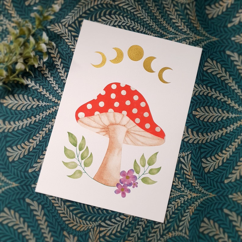 Mushroom art print, botanical watercolour, moon phase, toadstool decor image 1