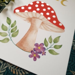 Mushroom art print, botanical watercolour, moon phase, toadstool decor image 7