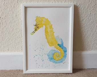 Yellow seahorse painting, original watercolour art, seahorse gifts, sea life wall art