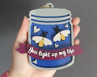 Fireflies in a jar, small wall hanging, fifth wedding anniversary gift, wooden art, you light up my life