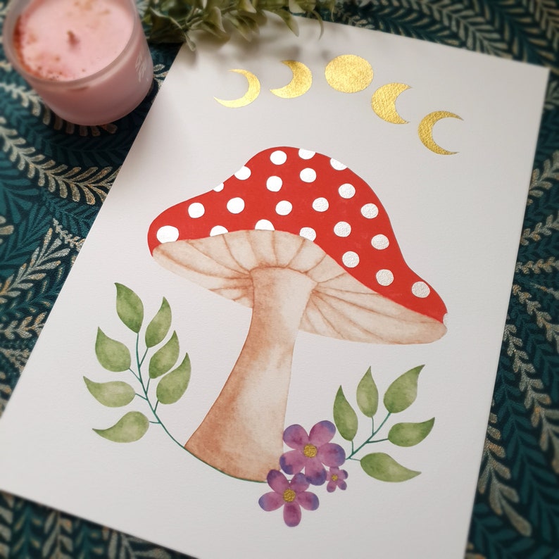 Mushroom art print, botanical watercolour, moon phase, toadstool decor image 6