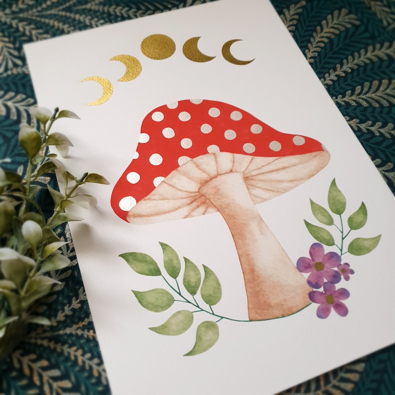 Mushroom art print, botanical watercolour, moon phase, toadstool decor image 3