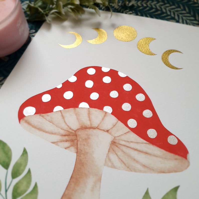 Mushroom art print, botanical watercolour, moon phase, toadstool decor image 5
