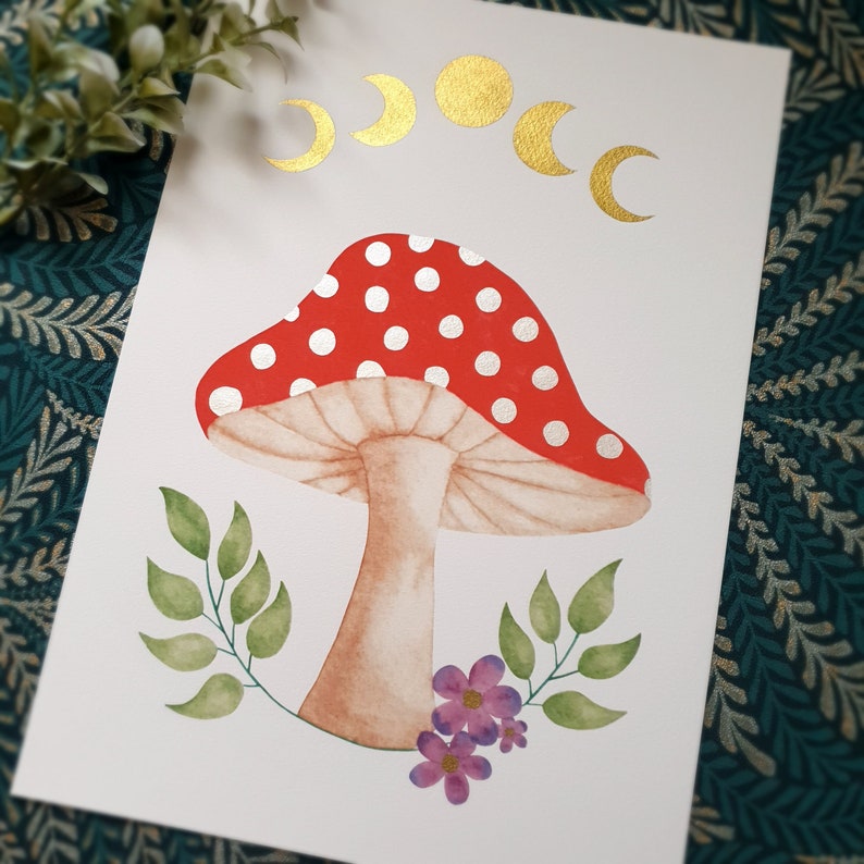 Mushroom art print, botanical watercolour, moon phase, toadstool decor image 2