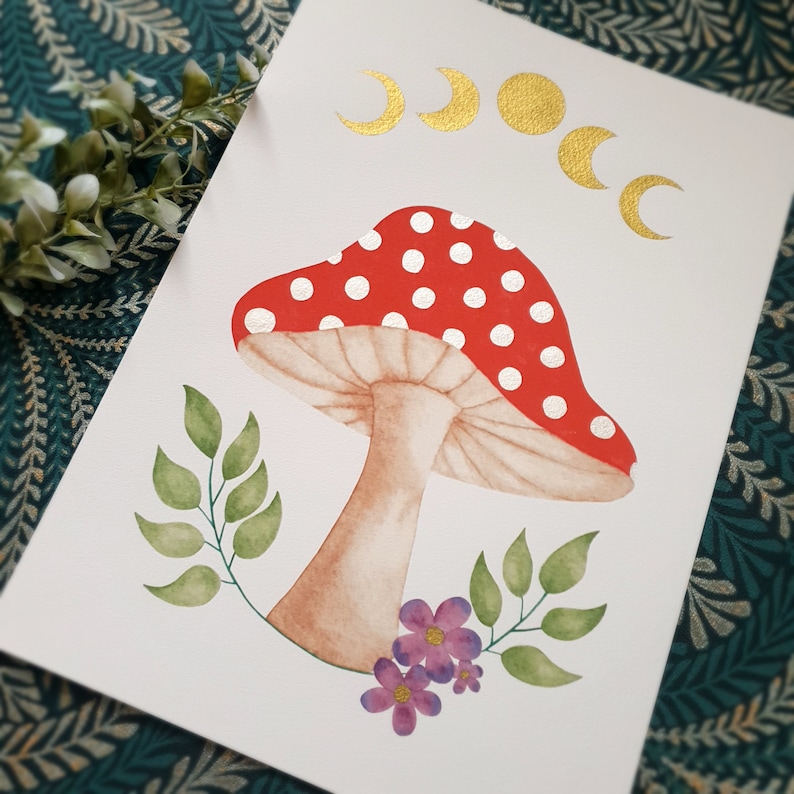 Mushroom art print, botanical watercolour, moon phase, toadstool decor image 9