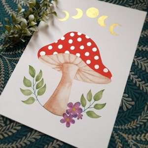 Mushroom art print, botanical watercolour, moon phase, toadstool decor image 10