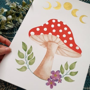 Mushroom art print, botanical watercolour, moon phase, toadstool decor image 8