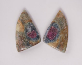 Fuchsite conglomerate with kyanite, ruby & phlogopite inclusion//matching Pair triangular wing shape Cabochon couple for jewelry crafting