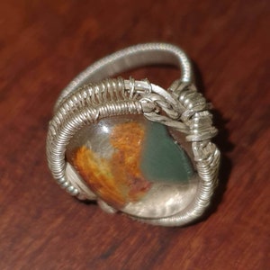 Handmade Garden Quartz Statement Ring, Lodolite Ring Gift for Him, Silver wire wrap mineral style, with iron oxide ad chlorite inclusions