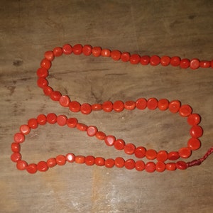 Antique Tibetan Coral beads from the Qing dynasty (year 1900) period, genuine untreated Corallium rubrum species, coin shaped side drilled