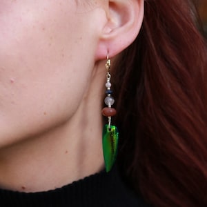 Handmade Real Scarab wings Earrings, Ancient Egyptian Style, Teardrop dangle Earrings with Sunstone, Sapphire, Achroite and Schorl