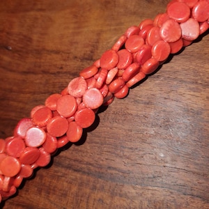 Antique Tibetan Coral beads from the Qing dynasty (year 1900) period, genuine untreated Corallium rubrum species, coin shaped side drilled