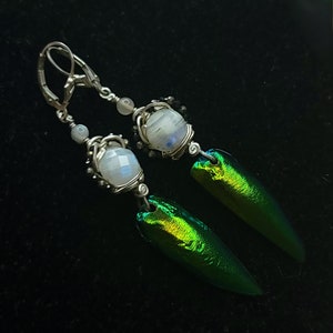 HQ, Banded Moonstone Handmade Earrings, Adularia Oligoclase with Spinel & pyrite beads, Teardrop dangle Earrings, with Real Scarab wings