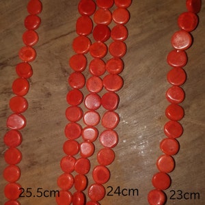 Antique Tibetan Coral beads from the Qing dynasty (year 1900) period, genuine untreated Corallium rubrum species, coin shaped side drilled
