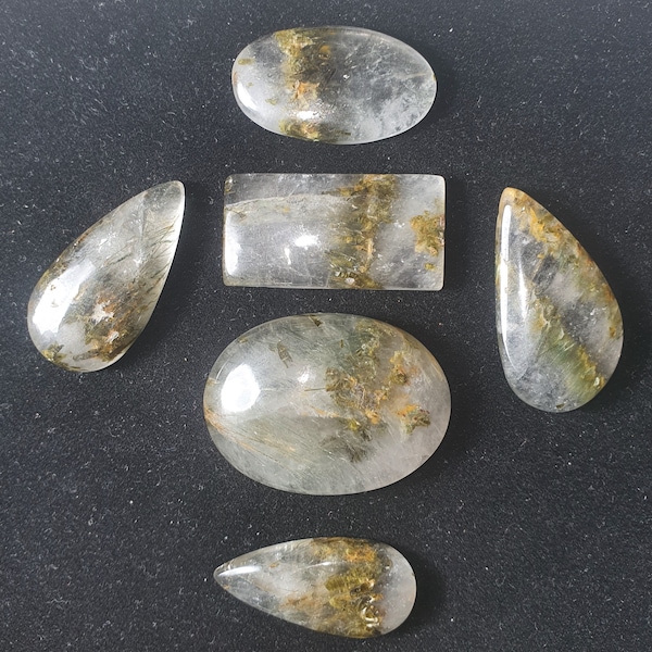 Banded Amphibole quartz with hornblende, Byssolite, Actinolite & Epidote from the Minas Gerais mines, Green Rutilated Quartz cabochons
