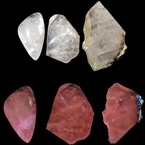Moroccan calcite with redish pink glow under Shortwave Ultraviolet. Slabs and cabs