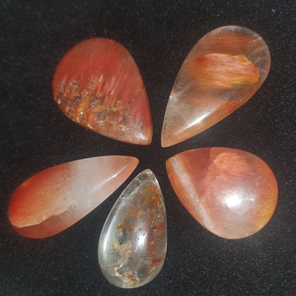 Red Actinolite quartz from the Jequitinhonha Valley//large pendant size teardrop cabochons//natural Red Amphibole variation with Tremolite