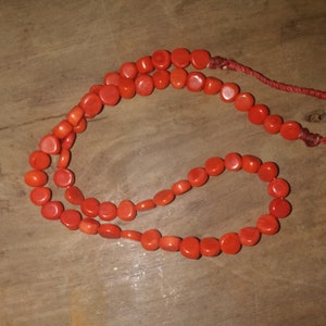 Antique Tibetan Coral beads from the Qing dynasty (year 1900) period, genuine untreated Corallium rubrum species, coin shaped side drilled
