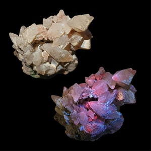 Scalenohedral calcite matrix from Morocco, with reddish-pink glow under Shortwave Ultraviolet natural unprocessed untreated mineral specimen