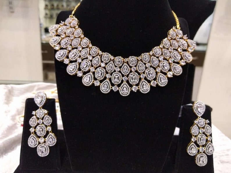 1gm Gold -Bridal Jewelry-Wedding Jewelry-Indian Fashion Jewelry for Brides Sparkling American Diamonds Choker Necklace Set with Earrings