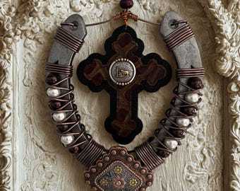 Copper Wire Wrapped Horseshoe Cross Wall Decor Rustic Western Farmhouse Christian Faith Gift