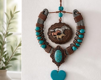 Handcrafted Turquoise Horseshoe Wall Decor, Western Horse Art, Copper Wire Wrapped Charm