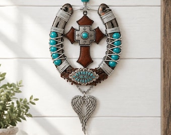 Handcrafted Western Horseshoe Wall Decor, Turquoise Cross, Cowgirl Faith Art