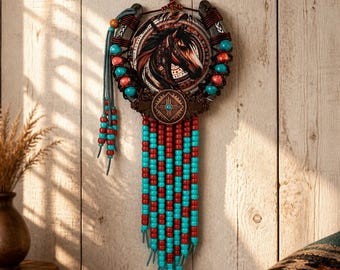 Handcrafted Turquoise Horse Dreamcatcher, Southwestern Wall Hanging, Native Inspired Art