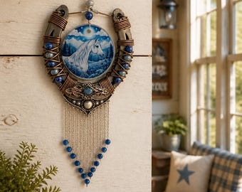 Handcrafted Horseshoe Wall Decor, Moonlit Horse, Copper Wire, Western Concho, Blue Beads