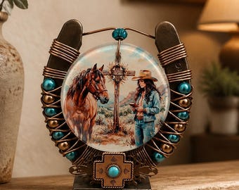 Handcrafted Horseshoe Cross Wall Hanging Turquoise Rustic Western Ranch Cowgirl Decor Gift