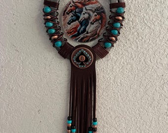 Handmade Western Wall Hanging, Turquoise Beads, Leather Fringe, Horse Lover Gift