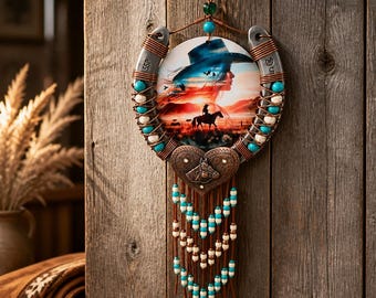 Handcrafted Horseshoe Wall Decor Turquoise Beaded Western Rustic Cowgirl Sunset Hanging Art