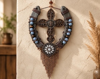 Handcrafted Horseshoe Cross Wall Decor Copper Wire Wrapped Western Rustic Farmhouse Christian Gift