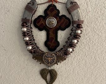 Handmade Christian Horseshoe Wall Decor, Western Cross, Angel Wings, Rustic Ranch Faith Art