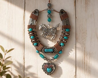 Handcrafted Horseshoe Wall Decor Copper Wire Wrapped Turquoise Charm Southwest Rustic Western Art Gift