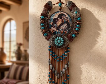 Native American Turquoise Beaded Horseshoe Wall Art | Southwestern Rustic Boho Home Decor