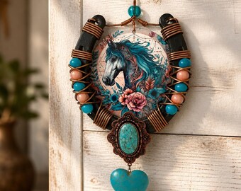 Handcrafted Horseshoe Wall Decor Copper Wire Wrapped Turquoise Charm Southwest Rustic Western Art Gift