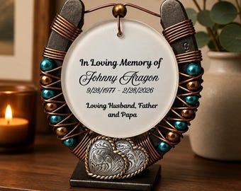 Personalized Memorial Horseshoe Decor | Copper Wire Wrapped, Western Beads, Name & Dates Keepsake